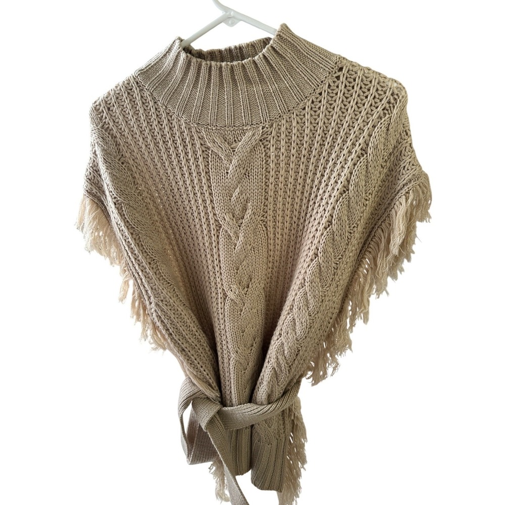 SAGE Womens Tan Knit Poncho Sweater Mock Neck Fringe Belted Cable‎ Knit M - Picture 3 of 7